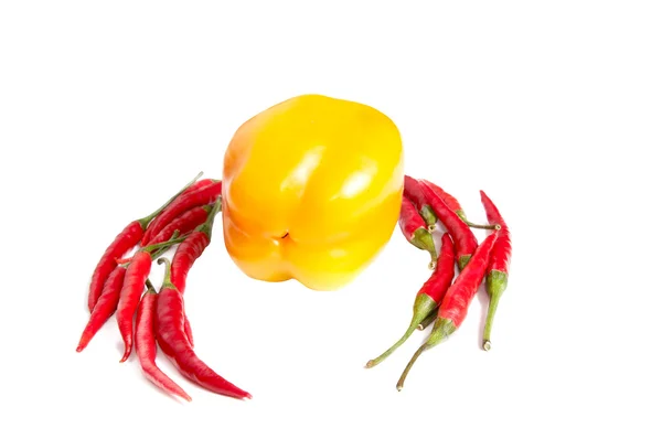 Små röda paprikor med en gul på en — Stockfoto