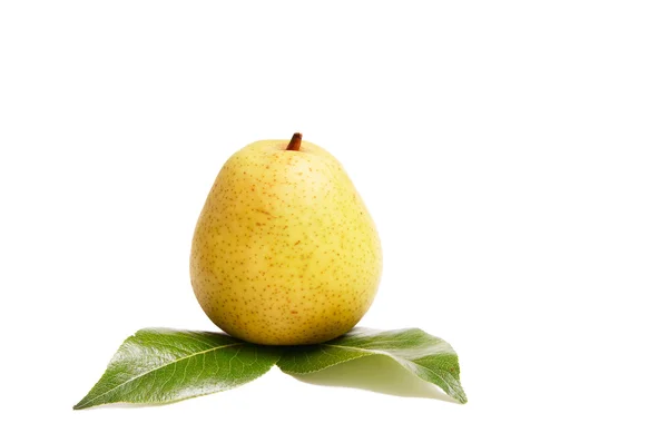 Juicy pear and green leaves on a white. — Stock Photo, Image