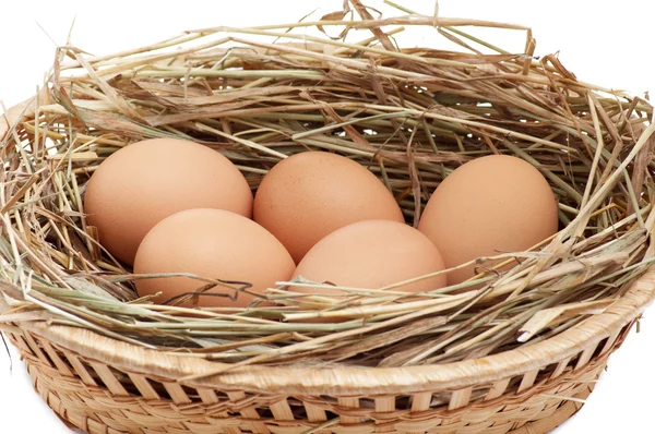 Chicken eggs in the brown basket and hay — Stock Photo, Image