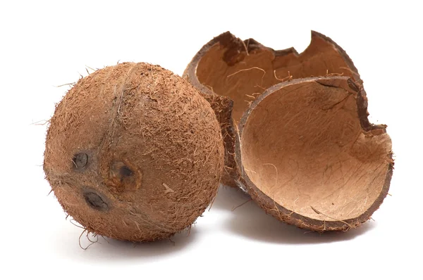 Hela och trasiga kokos på vit bakgrunds — Stockfoto