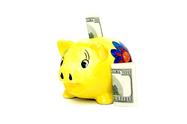 Two hundred dollars and piggy. — Stock Photo, Image