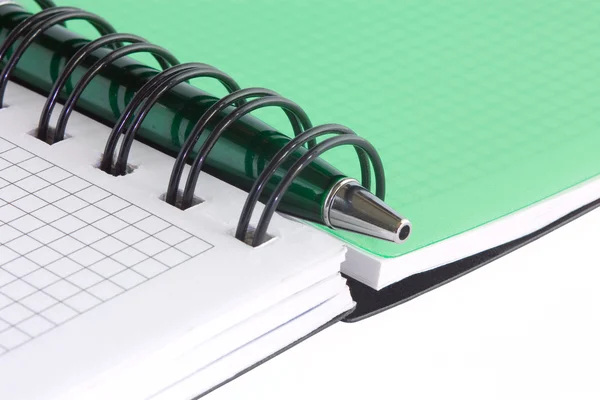 Open notebook and green pen 2 — Stock Photo, Image