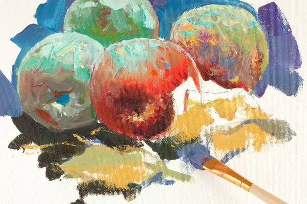 Unfinished drawing of apples and paintbr — Stock Photo, Image