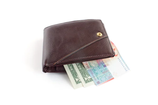 stock image Brown leather wallet with money