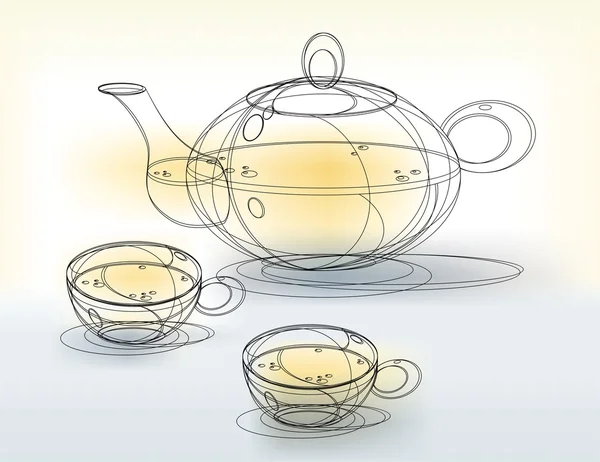 Чайник и чашки эскиз — стоковый вектор