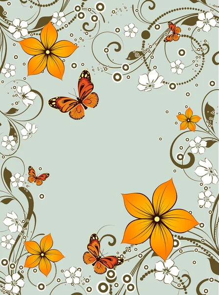Kelebekler ile soyut çerçeve çiçek. — Stok Vektör