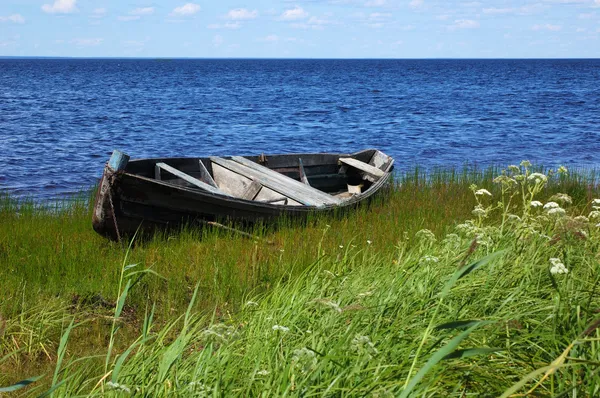 Velho barco de madeira no banco do lago — Fotografia de Stock