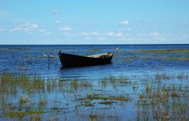 Wooden boat near the lake bank clipart