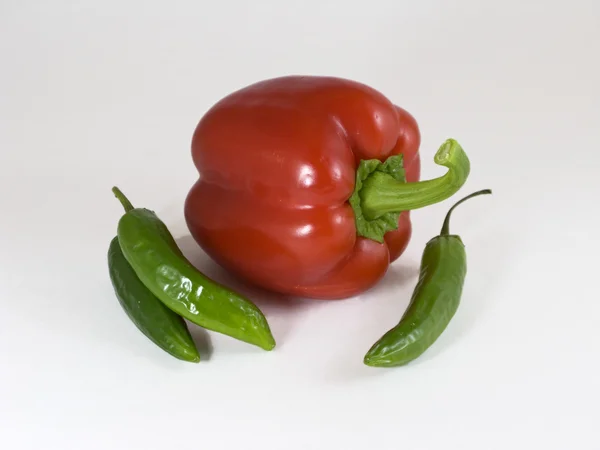 Κόκκινες και πράσινες πιπεριές σε λευκό αμουδερές — Φωτογραφία Αρχείου