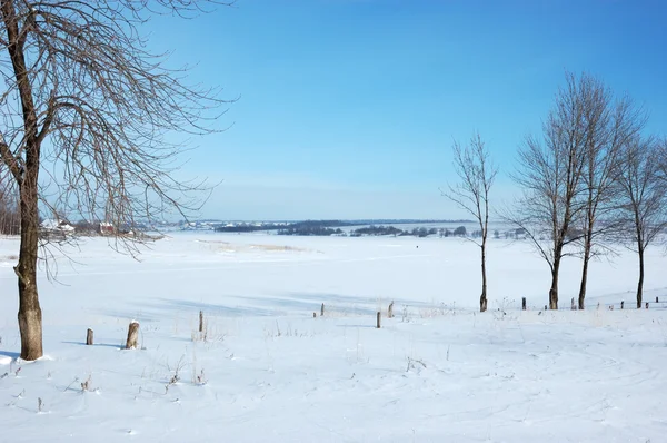 Vinterlandskap med frusen flod — Stockfoto
