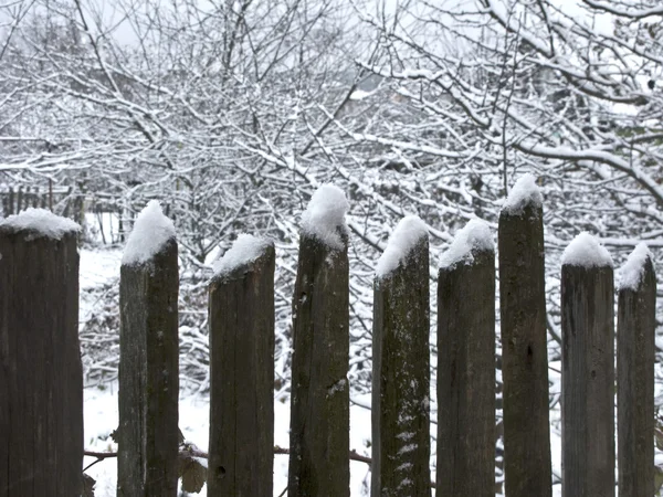 Cerca de madeira velha sob neve — Fotografia de Stock