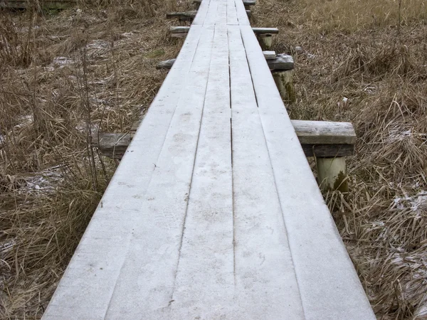 Trä footway med rimfrost — Stockfoto