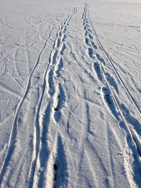 Human footprints on ice surface — Stock Photo, Image