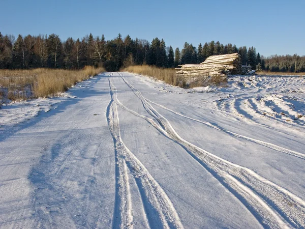 Estrada país nevado e pilha de log — Fotografia de Stock