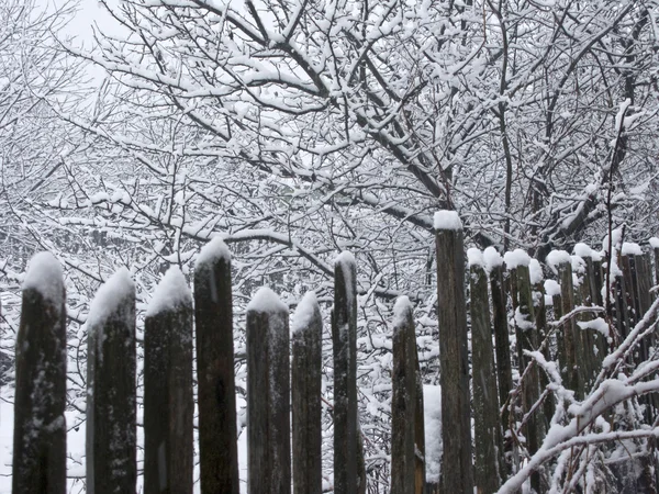 Stare drewniane ogrodzenie ze śniegiem — Zdjęcie stockowe
