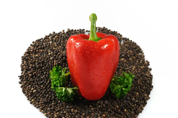 Roter Paprika mit schwarzem Pfeffer und Petersilie — Stockfoto