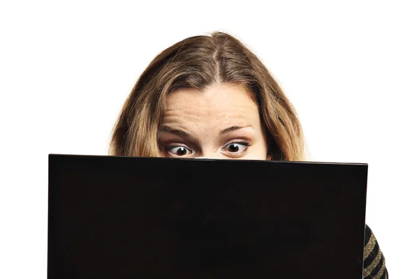 Surprised woman and computer — Stock Photo, Image