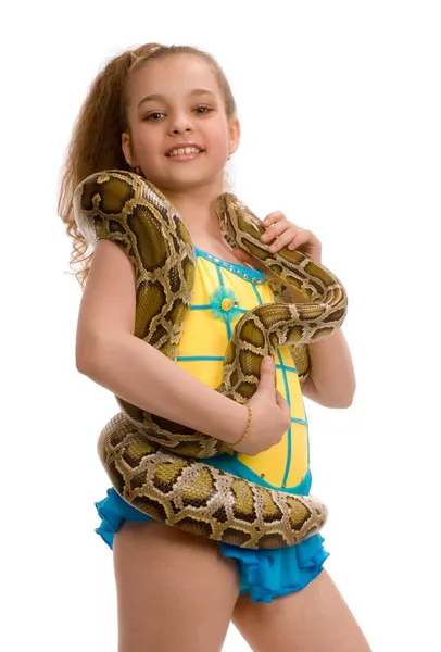 Young girl with pet python, isolated on — Stock Photo, Image