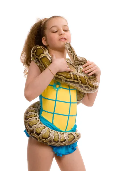 Young girl with pet snake — Stock Photo, Image