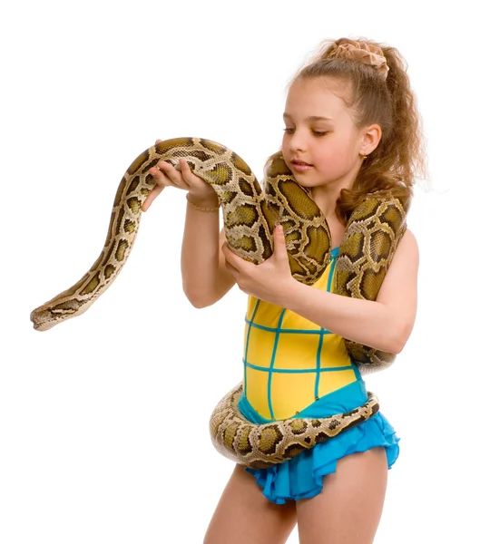 Close-up of sweet girl with pet python — Stock Photo, Image