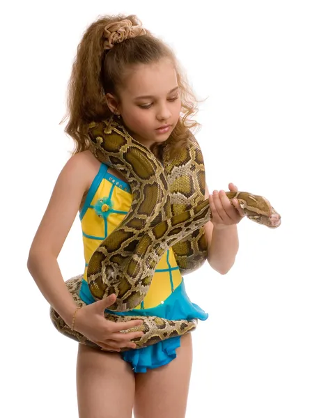Young girl with pet snake, isolated on w — Stock Photo, Image