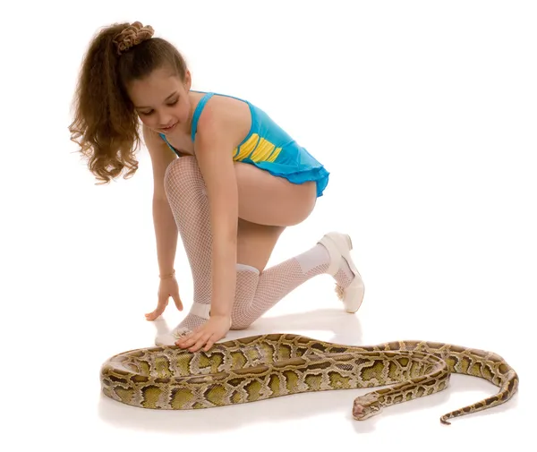 Молодая девушка со змеей-питоном — стоковое фото