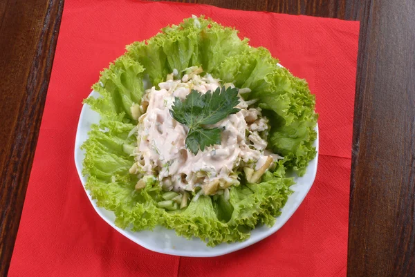 Um prato de salada de carne servida com sause — Fotografia de Stock
