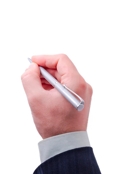 Бизнесмен держит серебряную ручку — стоковое фото