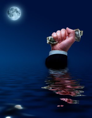 Businessman sinks with cash in his hands clipart