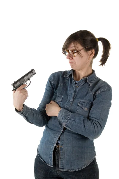 Ekscentryczny kobieta z bronia. — Zdjęcie stockowe