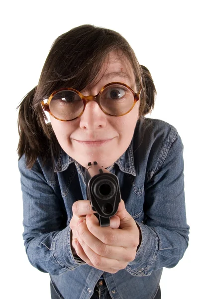 Eccentric woman with the weapon. — Stock Photo, Image