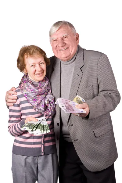 Elderly couple with money in hands — Stock Photo, Image