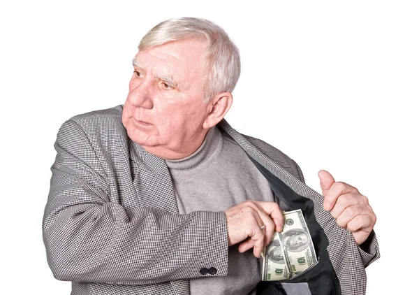 Elderly man puts money — Stock Photo, Image