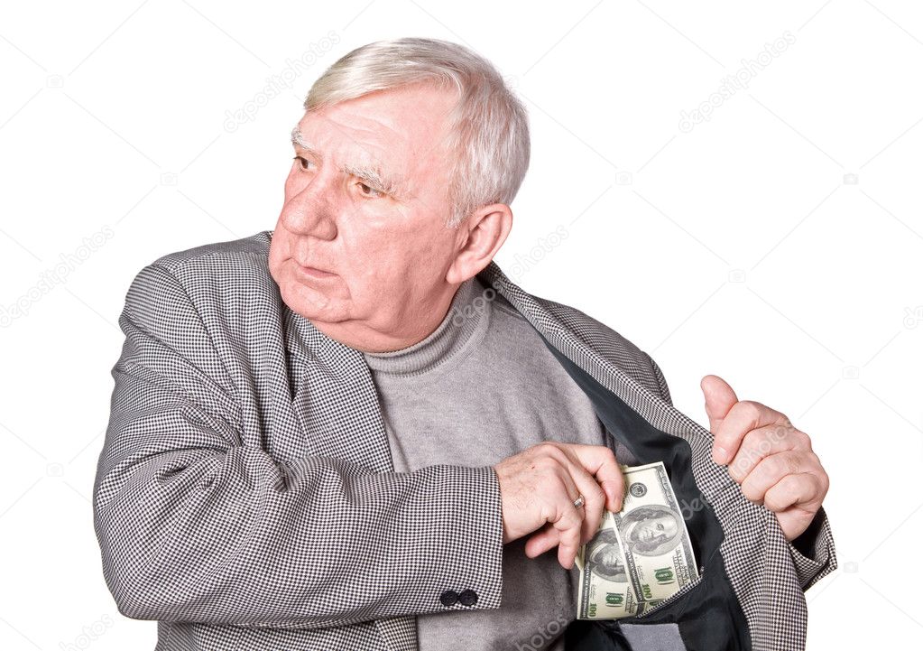 Elderly man puts money