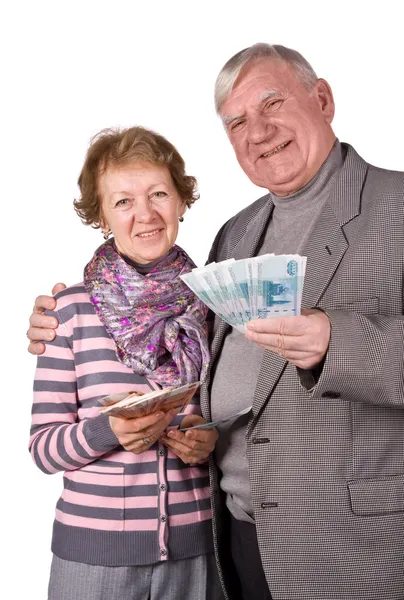 Elderly married couple with money — Stok fotoğraf