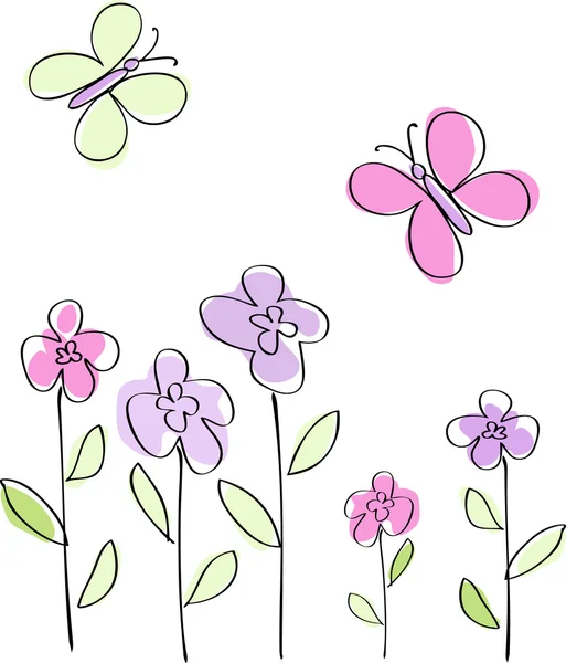 Çiçekler ve Kelebekler — Stok Vektör