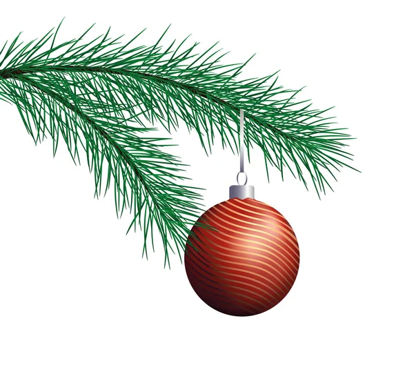 Pine Oddział z czerwoną piłkę Bożego Narodzenia — Wektor stockowy