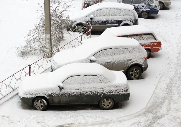 Samochody pokryte śniegiem po Kurzawa — Zdjęcie stockowe