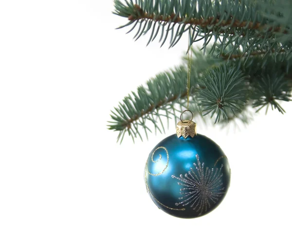 Blue christmas tree ball on fir brach — Stock Photo, Image