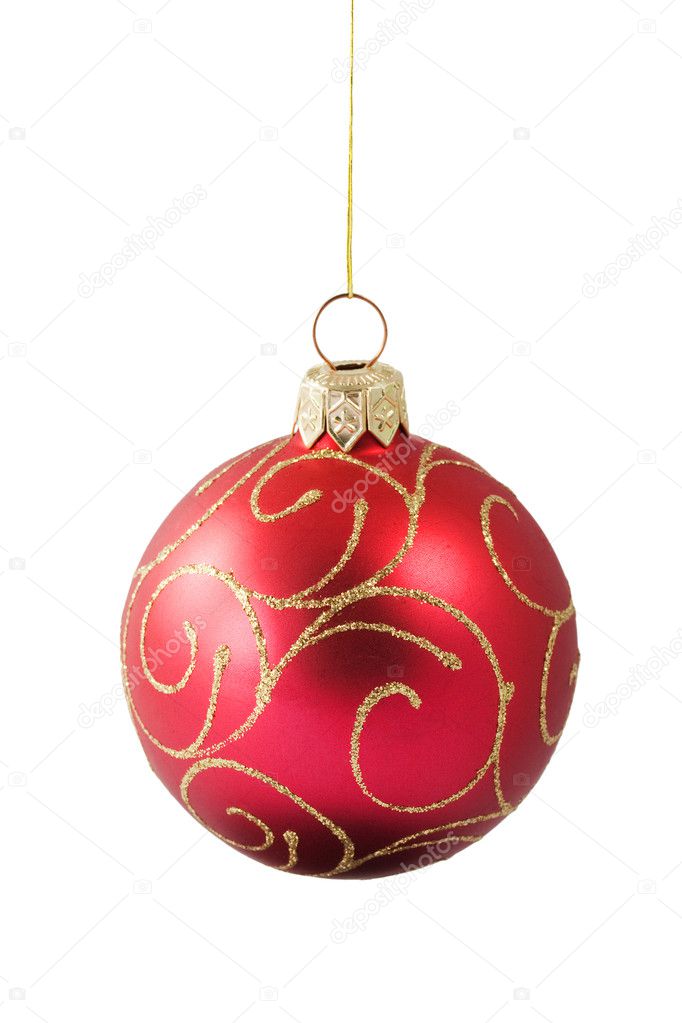 Hanging red Christmas bauble with orname