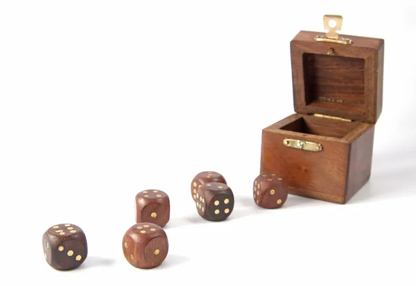 Wooden dice and box — Stock Photo, Image