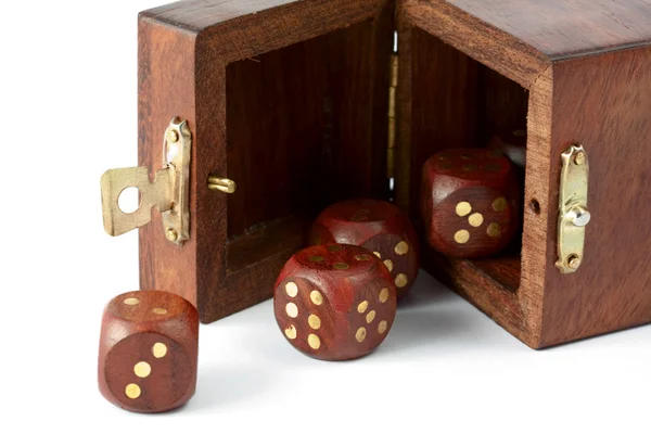 Opened box with wooden dice — Stock Photo, Image