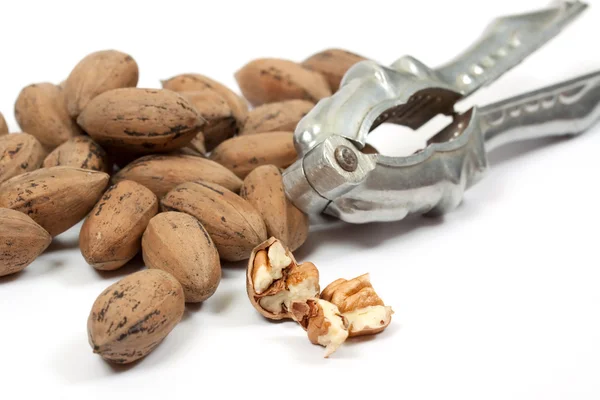 Nuts and nutcracker over white — Stock Photo, Image