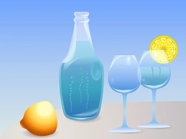 Bottle with water, glasses and lemon