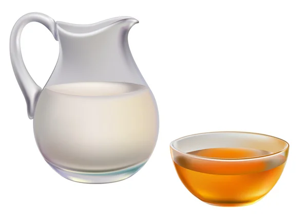 Jarra con leche y miel en taza — Vector de stock