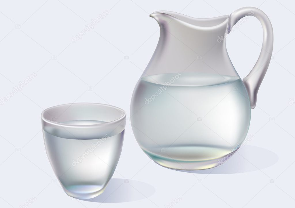 Agua en vaso y jarra aislado en blanco