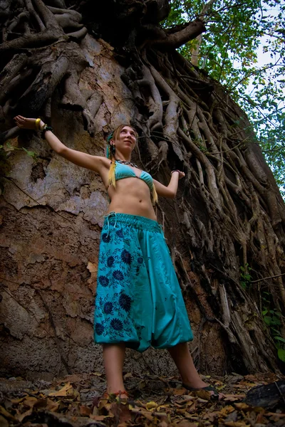 Smuk kvinde nær Banyan Tree Royaltyfrie stock-fotos