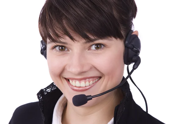 Operadora del centro de llamadas. Mujer con auriculares Imagen de archivo