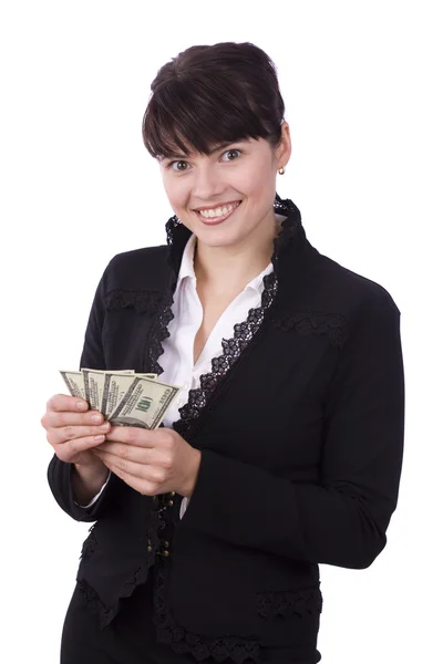 Biznes kobieta zaoszczędzić trochę pieniędzy i sm — Zdjęcie stockowe