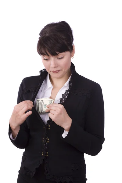 Affärskvinna spara upp några pengar och sm — Stockfoto